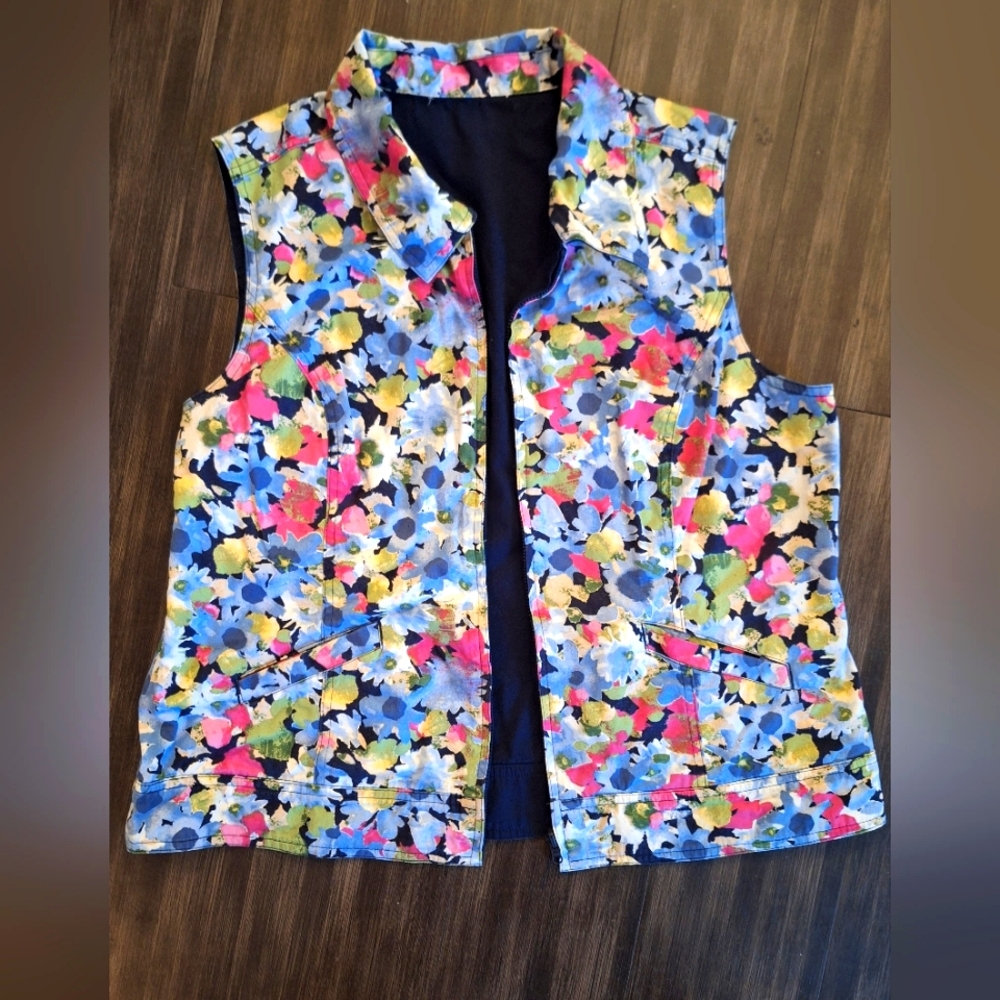 Woman's Reversible Floral and Navy Vest- Large
